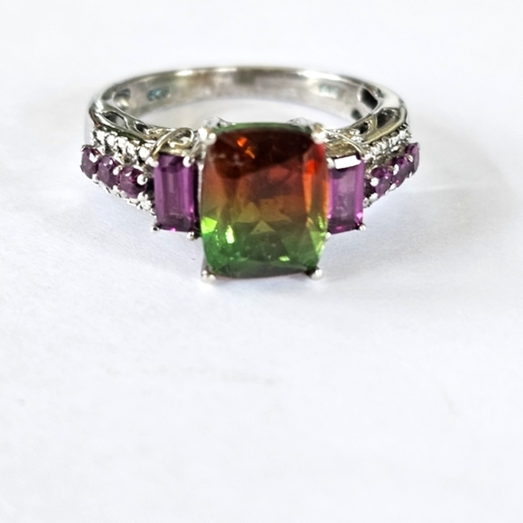 Genuine Watermelon Quartz & Rhodolite Garnet Ring Platinum/925 Sz 8! - Picture 3 of 14